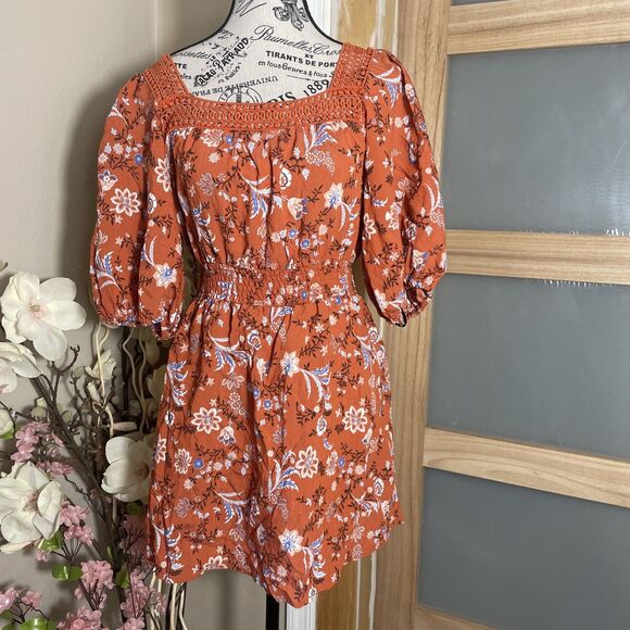 Forever 21 Dresses & Skirts - Forever 21 Orange Rust Floral Boho Dress Crochet Neckline Size Medium Short Mini
